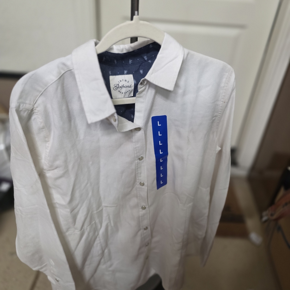 Jack's Girlfriend White Button-Up Shirt with Navy Inner Collar